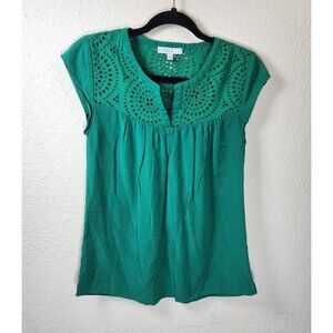 Pale Sky Stitch Fix Top Women XS Green Eyelet Embroidered Cap Sleeve Boho Blouse